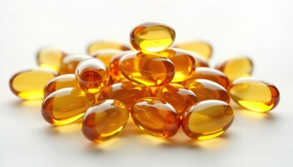 Closeup view of multiple omega 3 fish oil capsules. Capsules yellow orange, transparent. Stacked, scattered on white background. Nutritional supplement. Healthy food concept. Healthy living. Health
