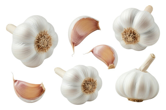 Top view of whole garlic bulbs and cloves, isolated on transparent background