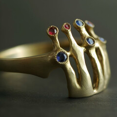 Obraz premium Gold ring with ruby and sapphire gemstones, artisan craft, dark background, jewelry design