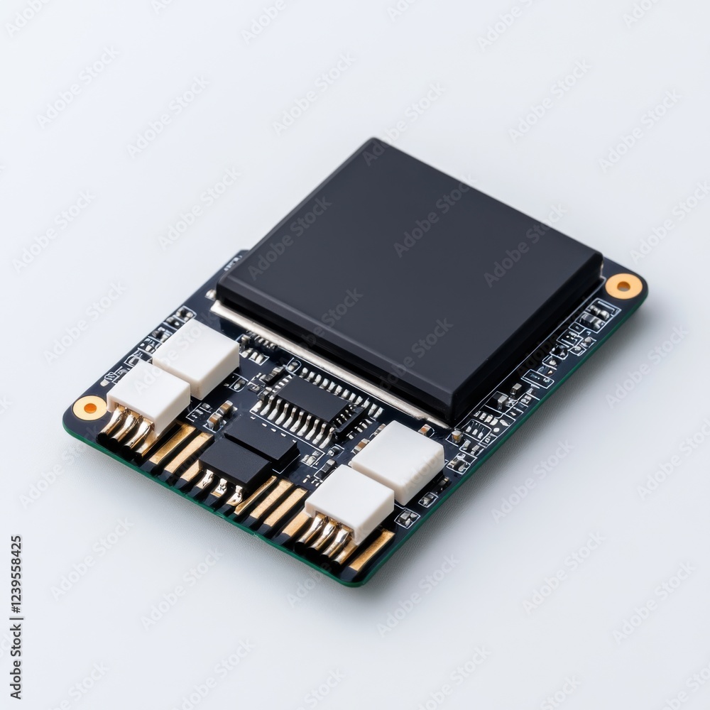 Poster high-tech electronic circuit board with microchips and connectors isolated on light background