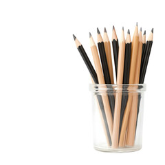 Fototapeta premium A clear glass jar filled with colored pencils arranged neatly, showcasing creativity and art supplies on a white background.