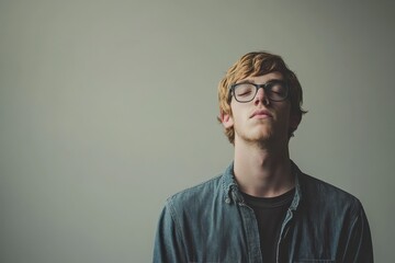 Contemplative Young Man with Glasses in a Minimalist Setting