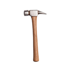 A close-up of a hammer with a wooden handle on a white isolated background.