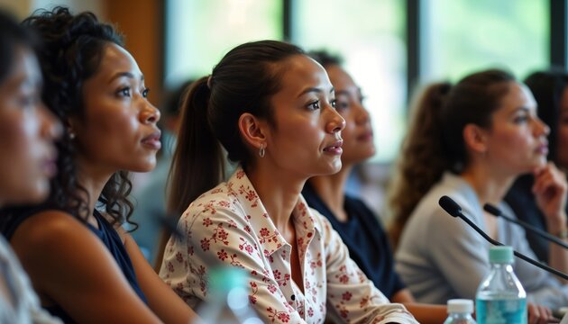Diverse women attend global health conference. Attendees listen attentively to speaker. International forum focuses on women health issues. Discuss solutions, strategies for better healthcare.