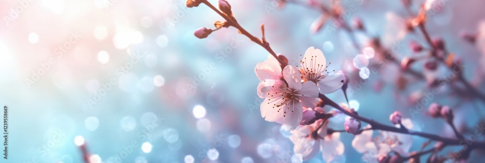 Poster cherry blossoms bloom in vibrant colors against a sparkling background during spring season. generat