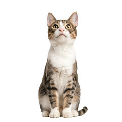 Obraz premium A curious cat looking upwards, isolated on a white background, perfect for pet-related themes.