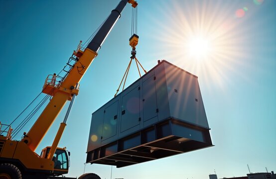 Heavy crane lifts large generator. Industrial construction site under clear blue sky. Sunlight highlights machinery. Tech project installation. Powerful equipment operating efficiently. Robust