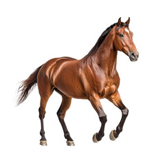 Obraz premium A majestic brown horse in mid-stride against a white background, showcasing strength and grace.