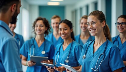 Young doctors wear blue scrubs, smile engaging in lesson. Hold tablets, listen to instructor. Group of doctors in medical class setting. Modern medical education concept, tech in healthcare, pro