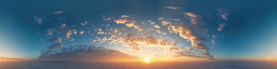 Obraz premium Stunning sunset sky panorama. Golden cirrus clouds paint dark blue sky. View from high altitude shows vast expanse of clouds. Beautiful twilight colors. Perfect for 3d visualization, aerial drone