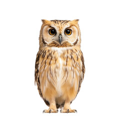 Obraz premium A majestic owl with striking eyes and intricate feathers, standing proud against a white isolated background.