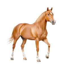 Obraz premium A majestic horse with a shiny golden coat walking gracefully against a white background.