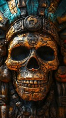 Obraz premium Ornate gold-toned skull, Mayan tribal headdress, close-up, intricate details