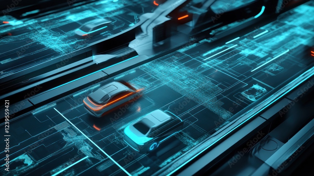 Poster futuristic autonomous vehicles navigating on a digital highway with glowing lines