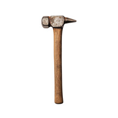 A weathered hammer with a wooden handle, isolated on a white background, perfect for construction and tool-related projects.