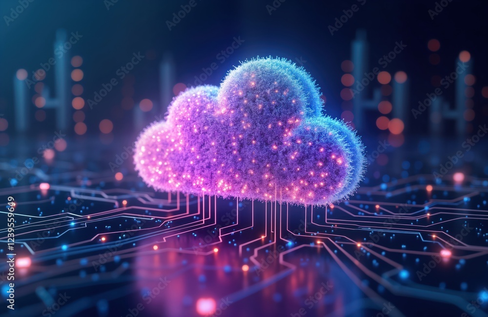 Poster futuristic illustration shows cloud computing concept. digital cloud structure with glowing particle