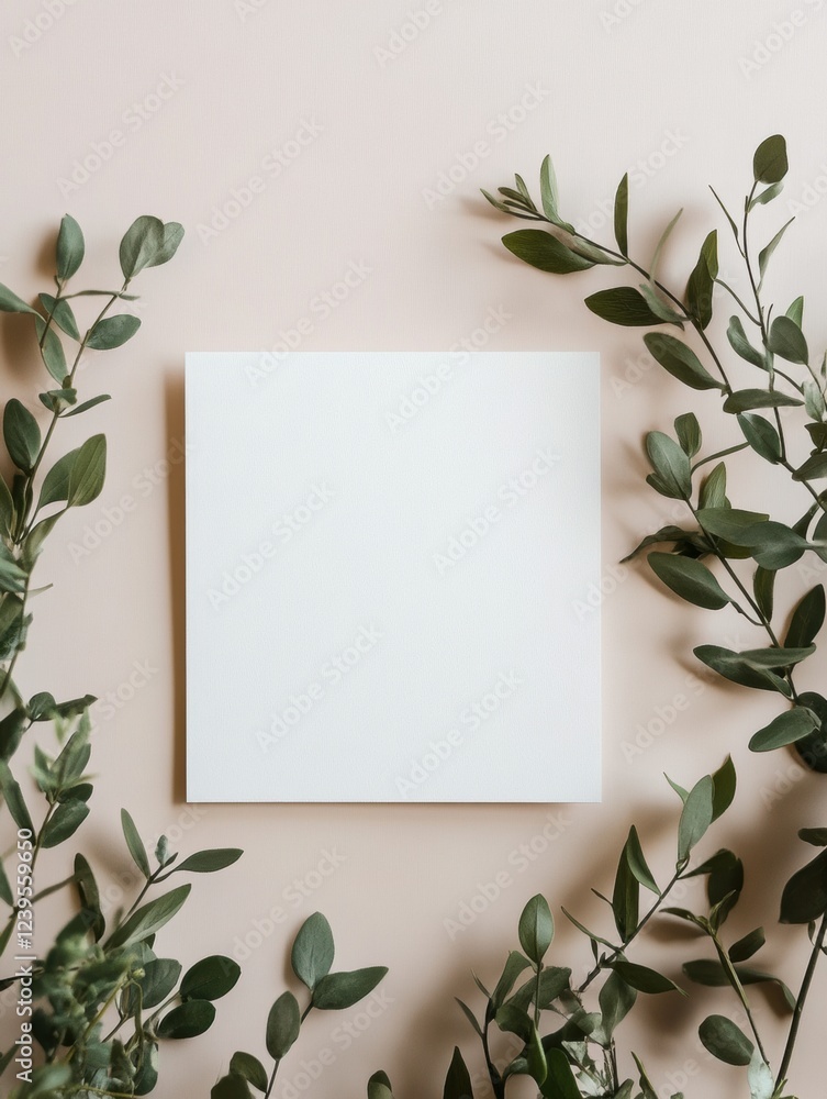 Poster blank square canvas surrounded by lush green leaves on a soft pastel background. generative ai