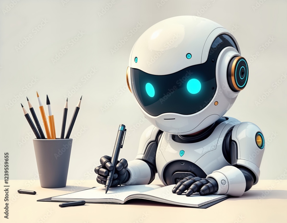 Poster cute futuristic robot sits at desk writing in notebook. robot uses pen to create content. digital, t
