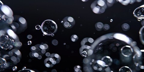 A pure black background featuring subtle, minimalist bubbles, Soft and floating layout