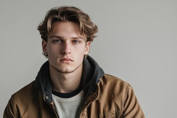 Obraz premium Portrait of a Young Man with Stylish Hair and Casual Attire Against a Neutral Background