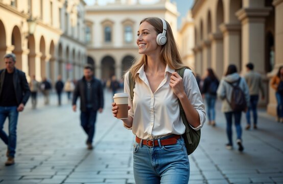 Young woman enjoys city stroll. Wears headphones, listens to music walking down busy urban street. Happily holds takeaway coffee cup. Casual attire, backpack. City background. Modern urban lifestyle.