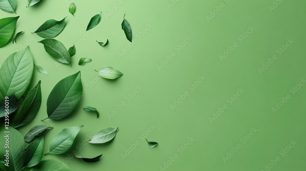 Poster fresh green leaves scattered artistically on a vibrant green background creating a peaceful natural 