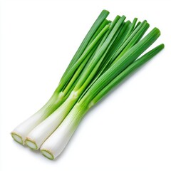 Fototapeta premium Fresh Green Onions with Vibrant Green Tops and Crisp White Bulbs on a White Background
