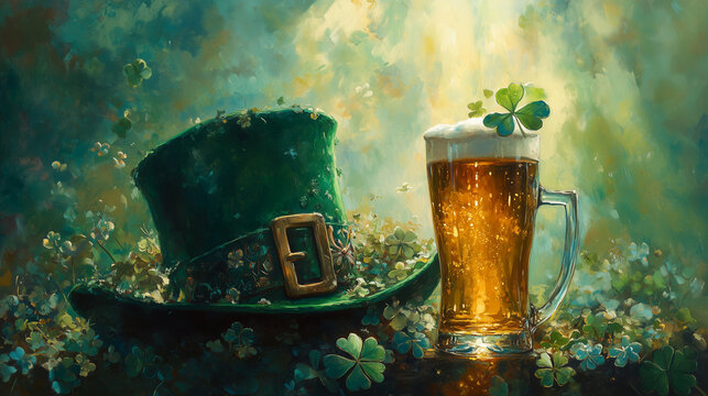An irish leprechaun hat with a cold beer and shamrocks for St. Patrick's Day festivity