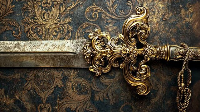 Intricate golden hilt sword resting against ornate golden patterned background in detailed craftsmanship