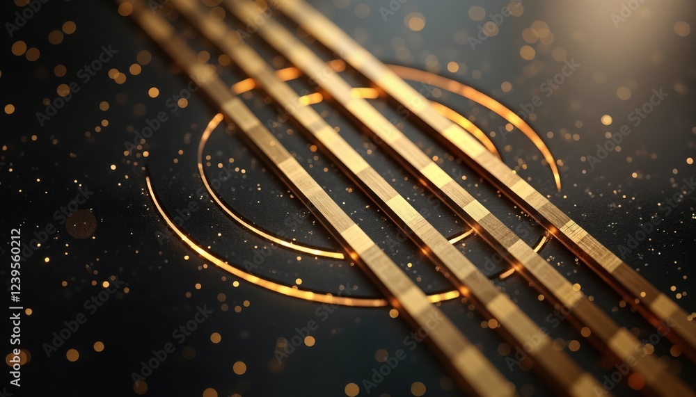 Poster abstract design with circular brushed gold metal texture. gold lines intersect creating geometric pa