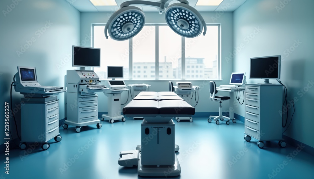 Poster modern operating room with advanced medical tech. empty room with sterile equipment. surgical device