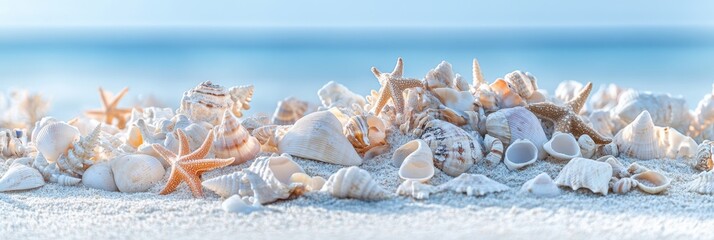 A serene and beautiful display of colorful seashells and unique starfish resting peacefully on a tranquil beach, perfectly evoking the essence of summer vacations and coastal adventures into memory
