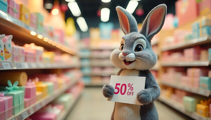 Easter sale vector banner design upto 50% off with cute anthropomorphic bunny, Easter Sale design for advertising, banners, leaflets, flyers, promotion, header for website, created with generative ai