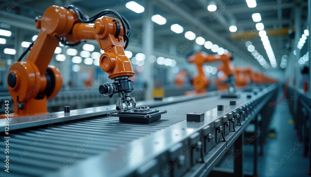 Aufkleber modern manufacturing facility features automated assembly line. orange robotic arms efficiently asse