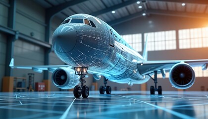 AI-powered inspection system for aerospace manufacturing. Aircraft in hangar with digital overlay showing structural details. Precision, compliance with safety, quality standards key for aviation.