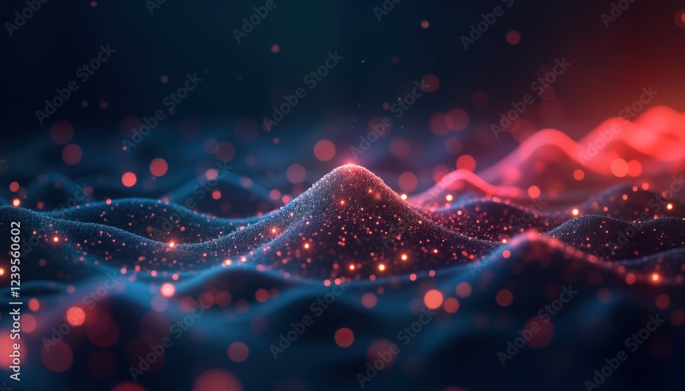 Poster Abstract 3D digital design shows data waves with glowing points. Modern tech concept. Futuristic style. Dynamic design. Excellent for tech presentations backgrounds. Suitable for tech conferences,