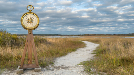 Compass guiding path, nature trail, wetlands, autumn sky, travel guide