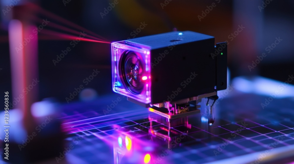 Poster a medium closeup shot of a smart optical module featuring a microprojector and sensors with beams of