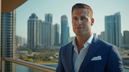 Fototapeta premium portrait of knowledgeable real estate agent showing a luxurious apartment to potential buyers against an urban skyline backdrop