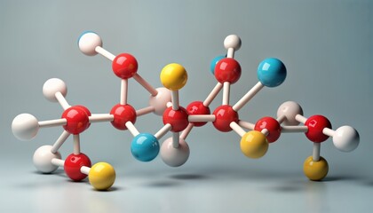 Obraz premium Colorful molecular structure model displays chemical compound. Atoms, bonds in vivid colors. Illustrates scientific concept. Ideal for educational materials. Represents research, analysis in