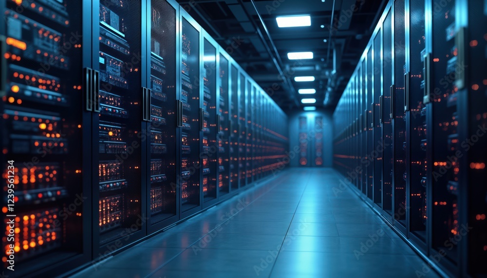 Aufkleber Advanced data center full of server cabinets. High tech equipment displays strong light. Modern infrastructure for cloud computing services. Futuristic design, powerful tech solutions. Illustrative
