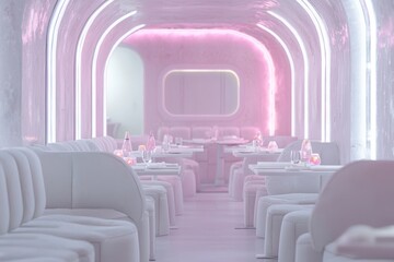 Fototapeta premium A luxurious dining experience in a modern, softly lit environment with sparkling glasses and a clean, aesthetic table setting. 