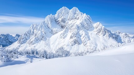 Obraz premium Majestic snow-capped mountain peak, winter landscape, clear sky, travel poster