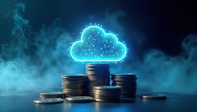 Cloud computing cost efficiency concept. Stacks of coins form base with glowing cloud icon above. Pay-per-use pricing model, resource optimization techniques for cloud computing visualized. Cloud