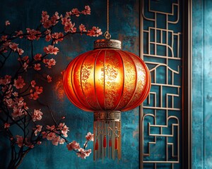 Illuminated lantern hangs in Asian-style room