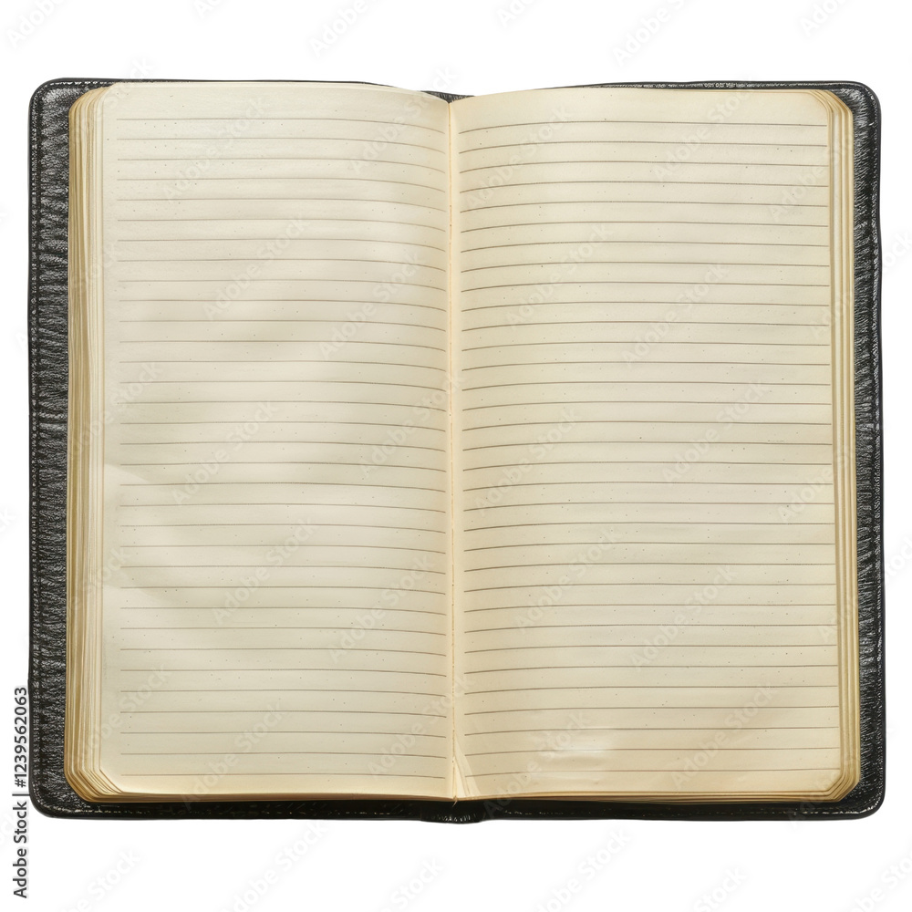Poster open blank notebook with lined pages, perfect for writing notes or journaling. simple design invites