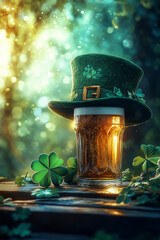 An irish leprechaun hat with a cold beer and shamrocks for St. Patrick's Day festivity