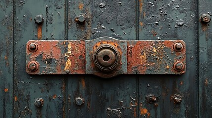 Rusty industrial metal plate detail on weathered wooden door