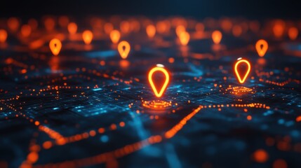 Glowing orange map pins on digital circuit board representing gps technology