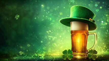 An irish leprechaun hat with a cold beer and shamrocks for St. Patrick's Day festivity